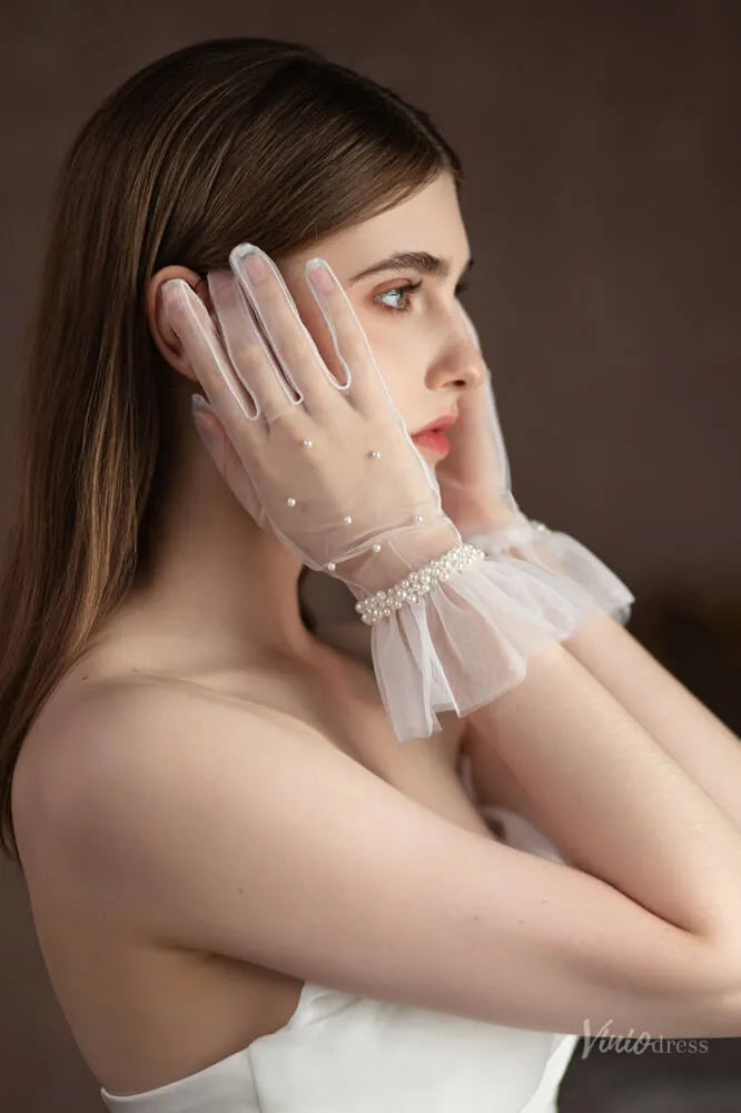 Romantic Short Bridal Gloves in Sheer Tulle with Pearls WG091-Bridal Gloves 2026-Viniodress-Ivory-