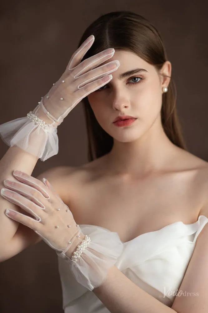 Romantic Short Bridal Gloves in Sheer Tulle with Pearls WG091-Bridal Gloves 2026-Viniodress-Ivory-