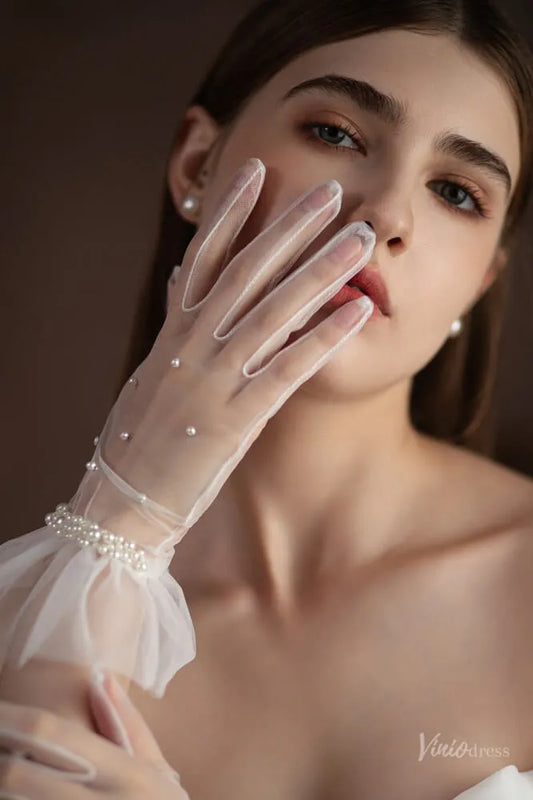 Romantic Short Bridal Gloves in Sheer Tulle with Pearls WG091-Bridal Gloves 2026-Viniodress-Ivory-