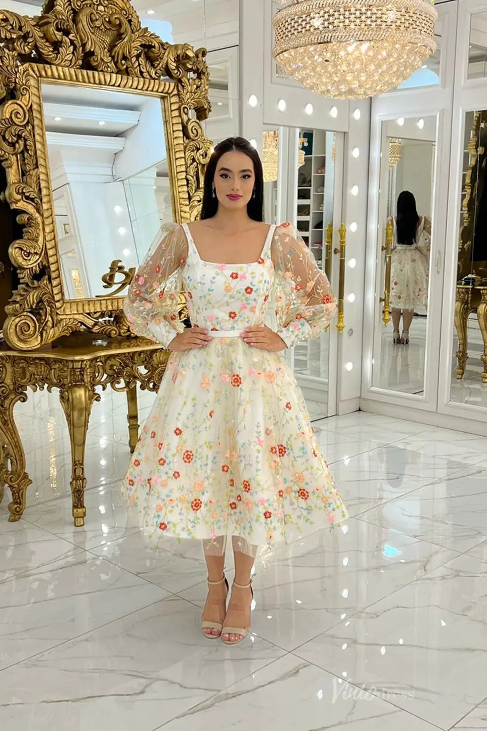 Romantic Short Floral Embroidered Wedding Dress with Square Neckline & Removable Sheer Sleeves – FW257-wedding dresses 2025 -Viniodress-Ivory-Custom Size-