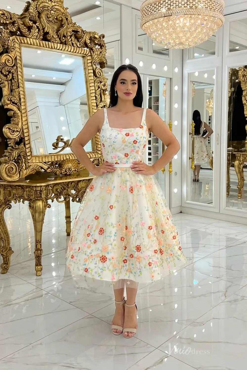 Romantic Short Floral Embroidered Wedding Dress with Square Neckline & Removable Sheer Sleeves – FW257-wedding dresses 2025 -Viniodress-Ivory-Custom Size-