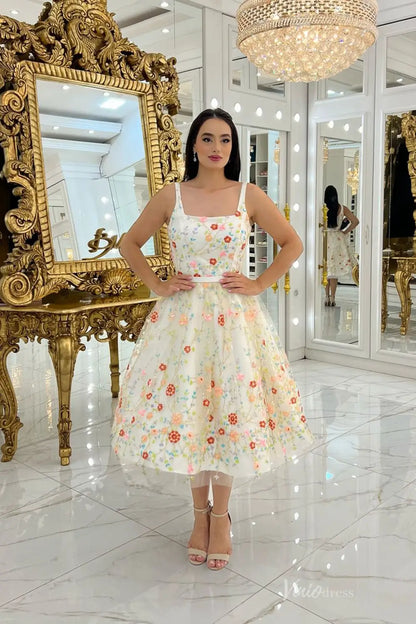 Romantic Short Floral Embroidered Wedding Dress with Square Neckline & Removable Sheer Sleeves – FW257-wedding dresses 2025 -Viniodress-Ivory-Custom Size-