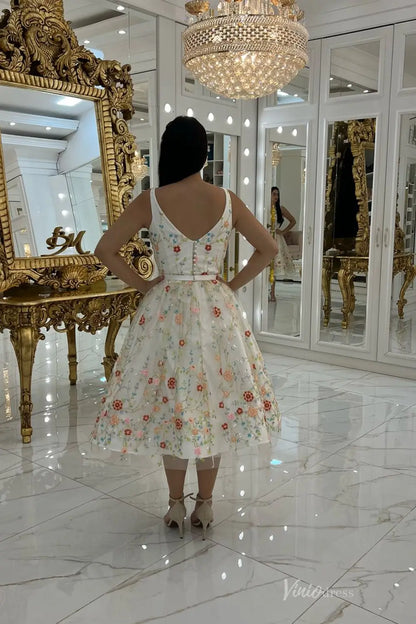 Romantic Short Floral Embroidered Wedding Dress with Square Neckline & Removable Sheer Sleeves – FW257-wedding dresses 2025 -Viniodress-Ivory-Custom Size-