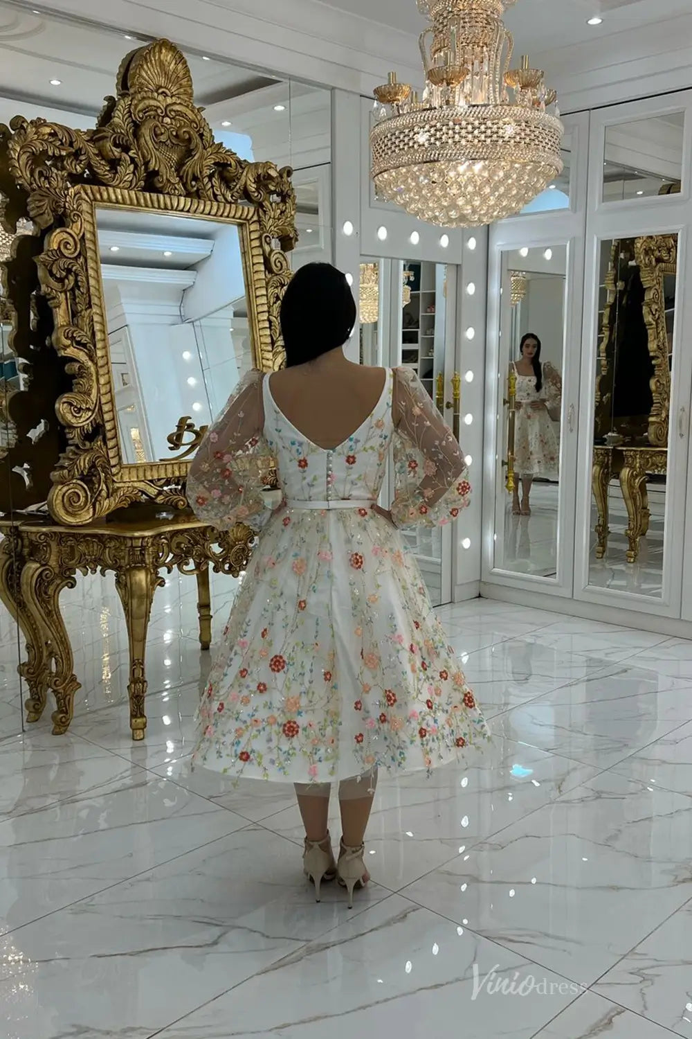 Romantic Short Floral Embroidered Wedding Dress with Square Neckline & Removable Sheer Sleeves – FW257-wedding dresses 2025 -Viniodress-Ivory-Custom Size-