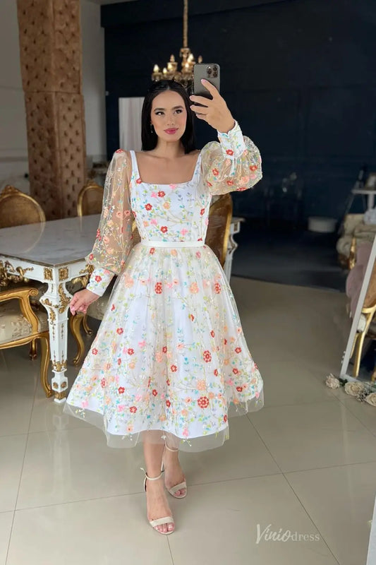 Romantic Short Floral Embroidered Wedding Dress with Square Neckline & Removable Sheer Sleeves – FW257-wedding dresses 2025 -Viniodress-Ivory-Custom Size-