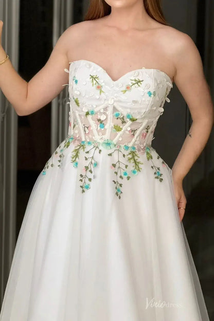 Romantic Short Floral Embroidered Wedding Dress with Sweetheart Bodice & Tea-Length Skirt – FW258-wedding dresses 2025 -Viniodress-Ivory-Custom Size-Strapless