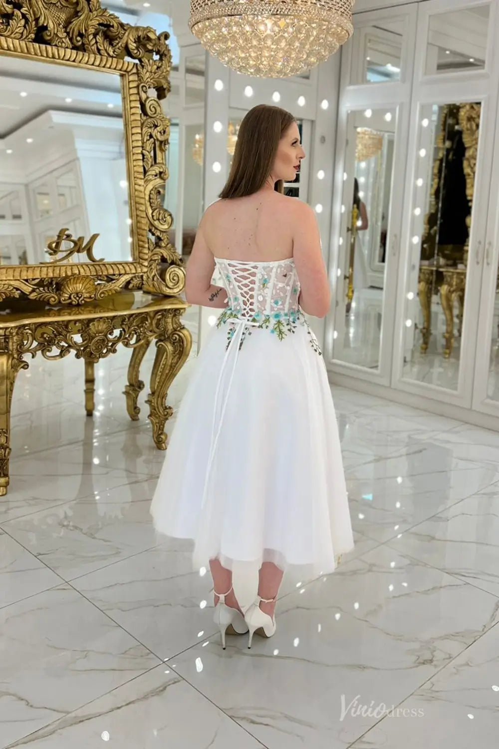 Romantic Short Floral Embroidered Wedding Dress FW258 Viniodress Romantic Short Floral Embroidered Wedding Dress FW258 Viniodress