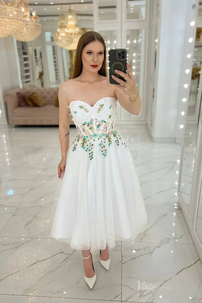 Romantic Short Floral Embroidered Wedding Dress with Sweetheart Bodice & Tea-Length Skirt – FW258-wedding dresses 2025 -Viniodress-Ivory-Custom Size-Strapless
