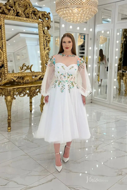 Romantic Short Floral Embroidered Wedding Dress with Sweetheart Bodice & Tea-Length Skirt – FW258-wedding dresses 2025 -Viniodress-Ivory-Custom Size-Strapless