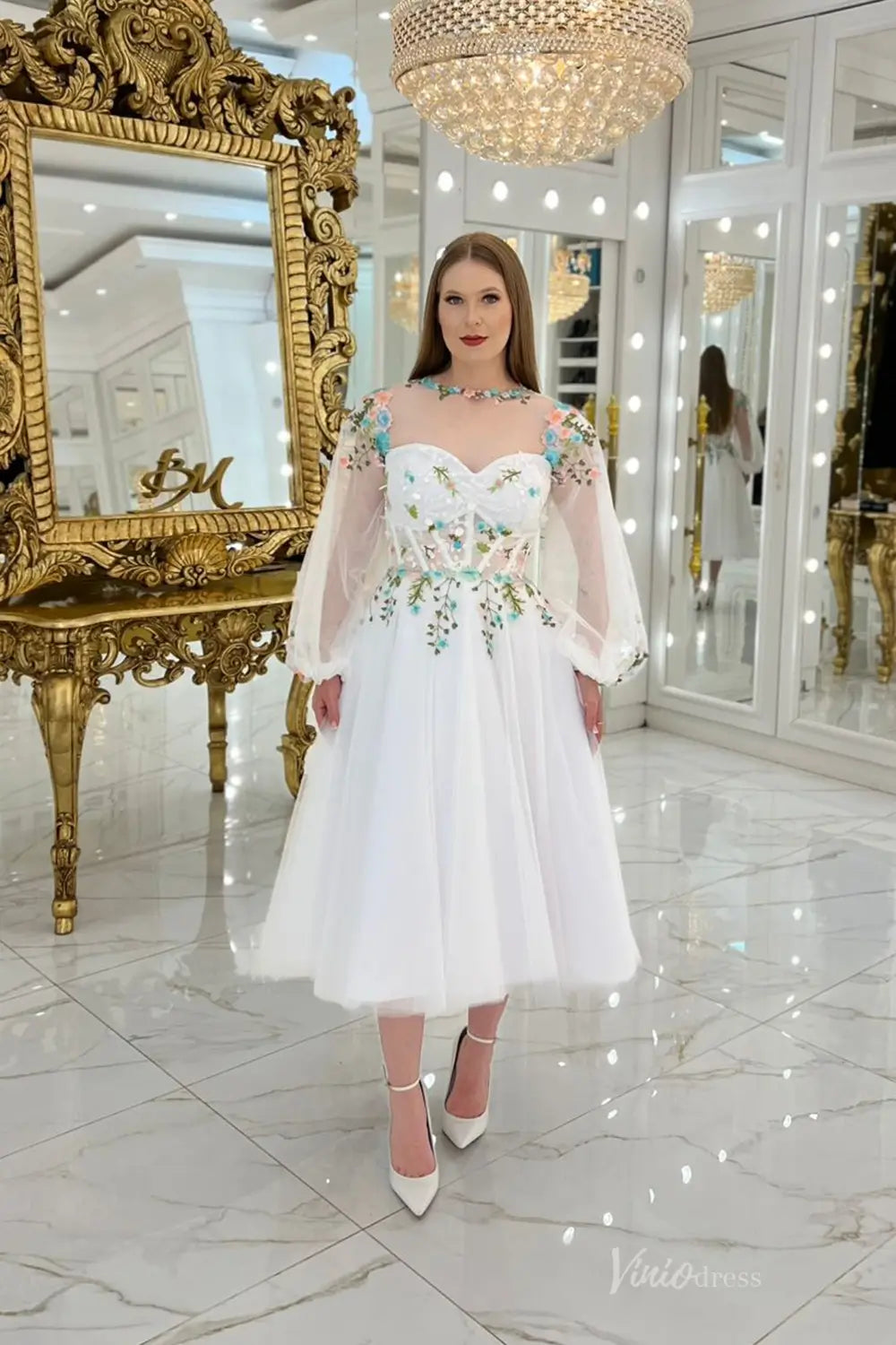 Romantic Short Floral Embroidered Wedding Dress with Sweetheart Bodice & Tea-Length Skirt – FW258-wedding dresses 2025 -Viniodress-Ivory-Custom Size-Strapless