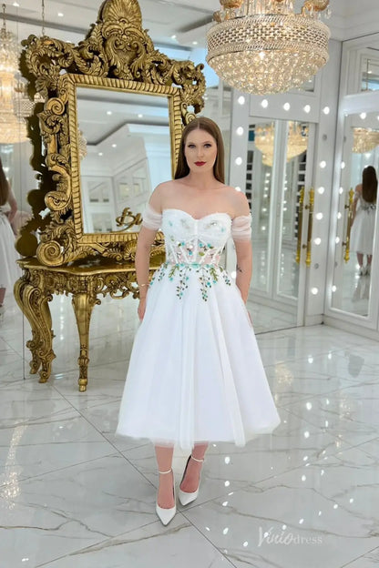 Romantic Short Floral Embroidered Wedding Dress with Sweetheart Bodice & Tea-Length Skirt – FW258-wedding dresses 2025 -Viniodress-Ivory-Custom Size-Strapless