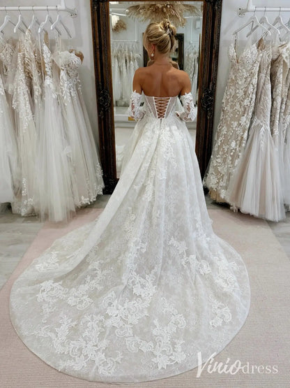 Romantic Strapless Lace Wedding Dress with Removable Sleeves and Chapel Train – LC105-wedding dresses 2025 -Viniodress-Ivory-Custom Size-