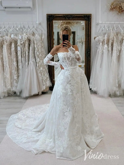 Romantic Strapless Lace Wedding Dress with Removable Sleeves and Chapel Train – LC105-wedding dresses 2025 -Viniodress-Ivory-Custom Size-