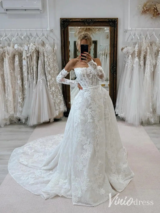 Romantic Strapless Lace Wedding Dress with Removable Sleeves and Chapel Train – LC105-wedding dresses 2025 -Viniodress-Ivory-Custom Size-