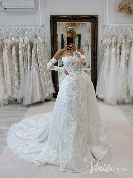Strapless Lace Wedding Dress with Removable Sleeves  LC105  Viniodress
