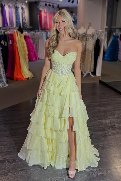 Romantic Tiered Ruffle Prom Dress with Lace Corset Bodice, Sweetheart Neckline & High Slit – RF217-prom dresses 2026-Viniodress-Butter Yellow-Custom Size – Add Measurements in Cart-