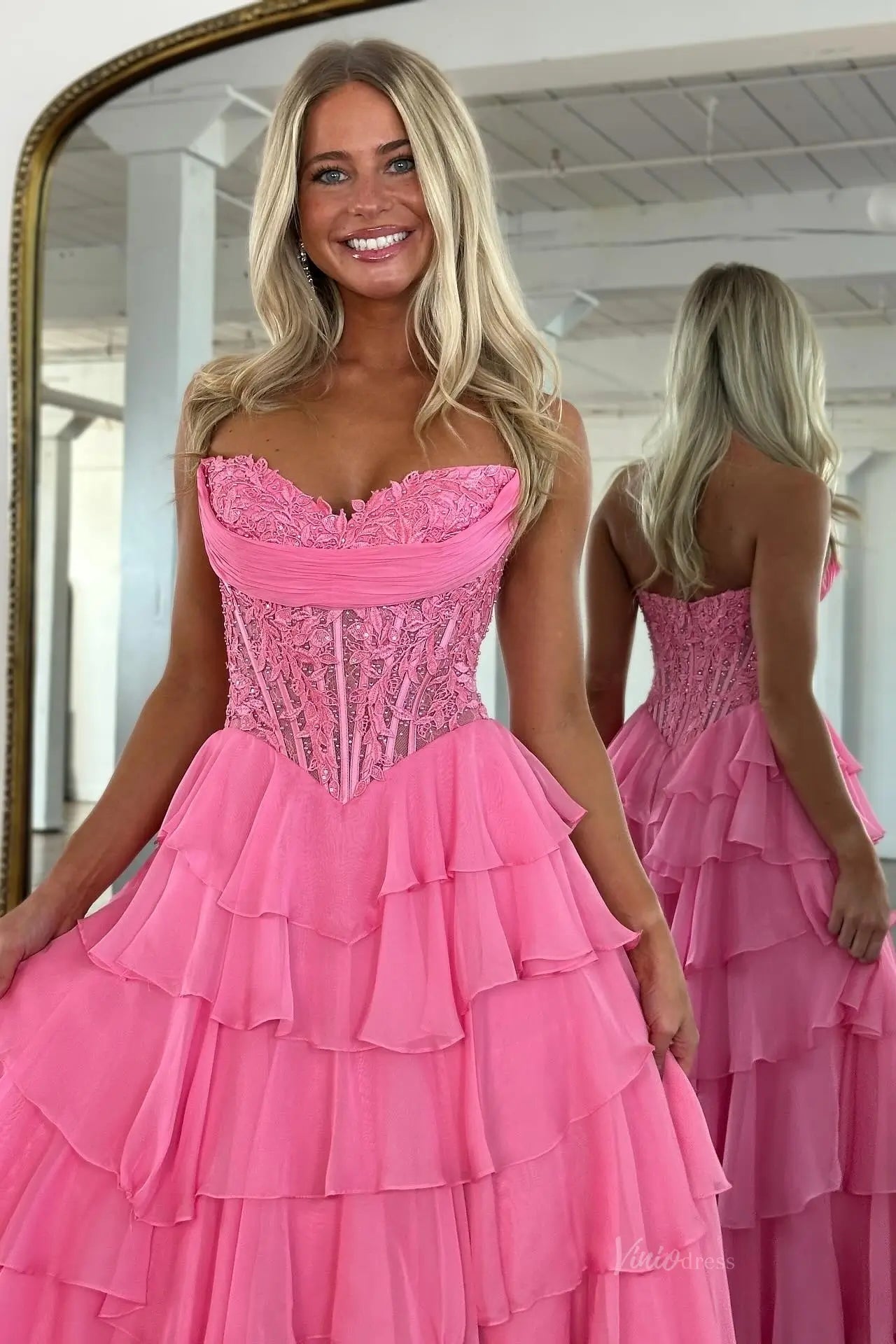 Romantic Tiered Ruffle Prom Dress with Lace Corset Bodice, Sweetheart Neckline & High Slit – RF217-prom dresses 2026-Viniodress-Hot Pink-Custom Size – Add Measurements in Cart-