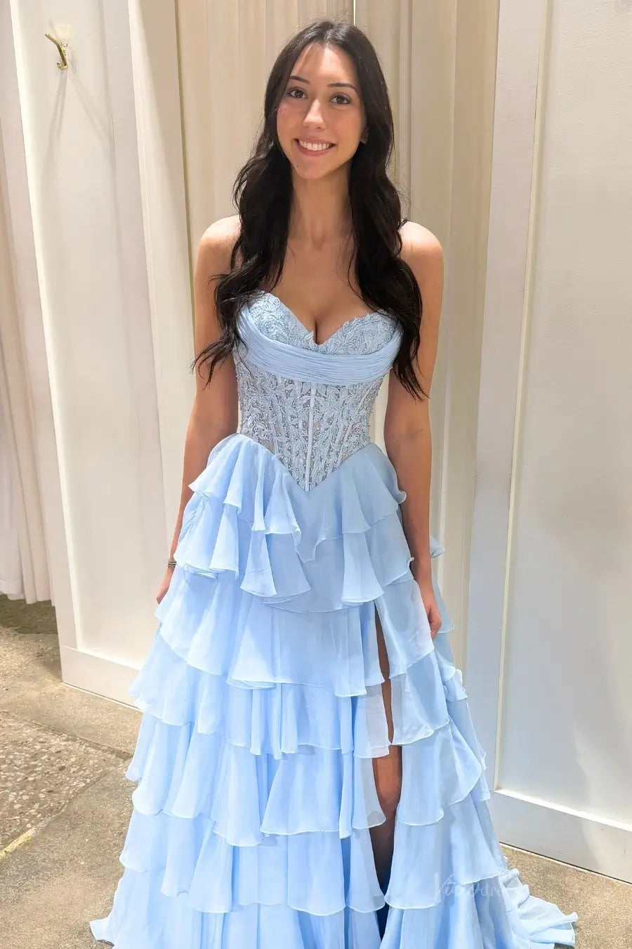 Romantic Tiered Ruffle Prom Dress with Lace Corset Bodice, Sweetheart Neckline & High Slit – RF217-prom dresses 2026-Viniodress-Hot Pink-Custom Size – Add Measurements in Cart-