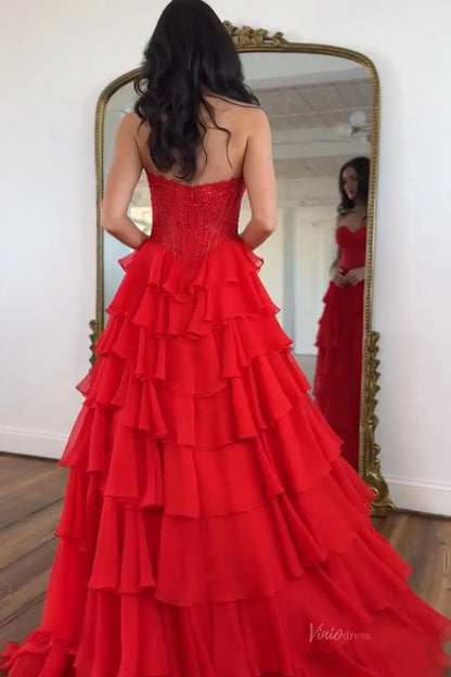 Romantic Tiered Ruffle Prom Dress with Lace Corset Bodice, Sweetheart Neckline & High Slit – RF217-prom dresses 2026-Viniodress-Hot Pink-Custom Size – Add Measurements in Cart-