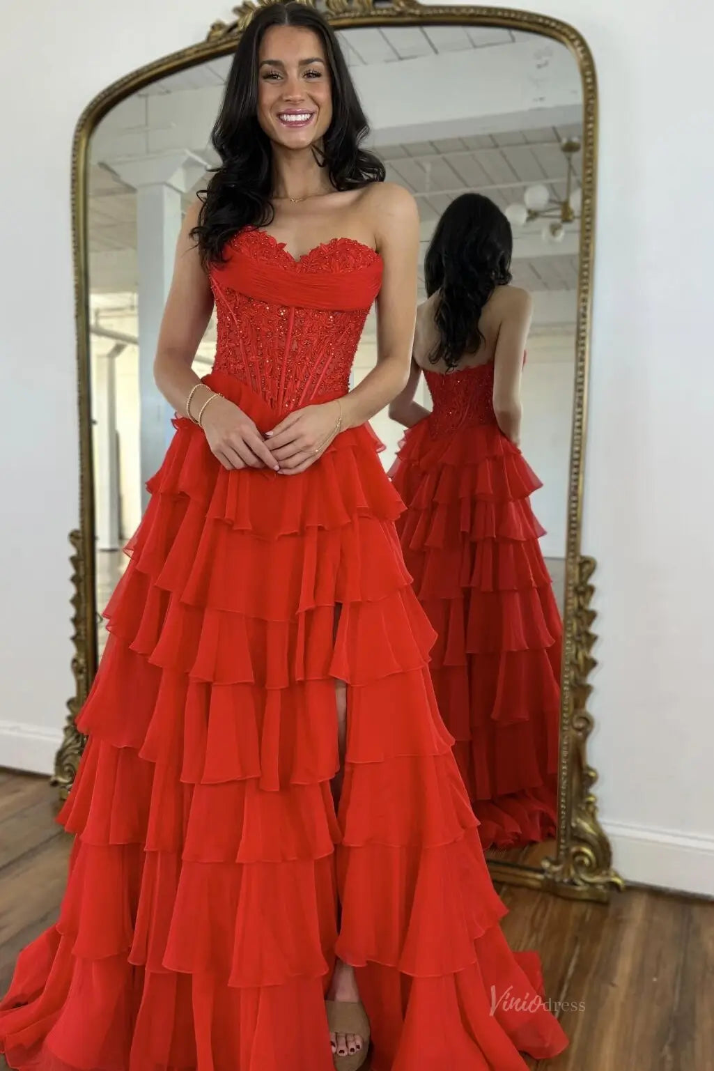 Romantic Tiered Ruffle Prom Dress with Lace Corset Bodice, Sweetheart Neckline & High Slit – RF217-prom dresses 2026-Viniodress-Hot Pink-Custom Size – Add Measurements in Cart-
