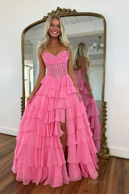 Romantic Tiered Ruffle Prom Dress with Lace Corset Bodice, Sweetheart Neckline & High Slit – RF217-prom dresses 2026-Viniodress-Hot Pink-Custom Size – Add Measurements in Cart-