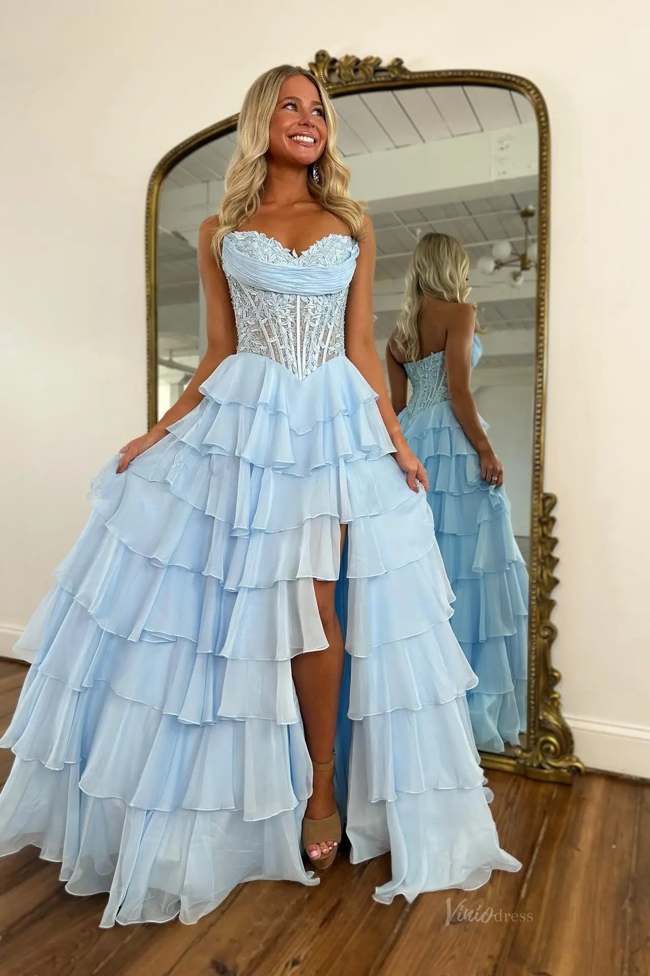 Romantic Tiered Ruffle Prom Dress with Lace Corset Bodice, Sweetheart Neckline & High Slit – RF217-prom dresses 2026-Viniodress-Light Blue-Custom Size – Add Measurements in Cart-