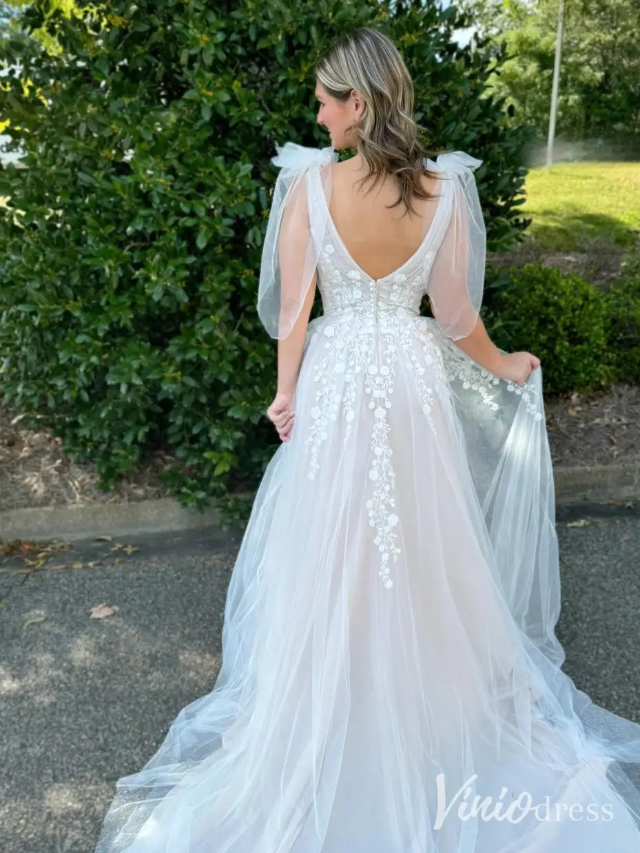 Romantic Tulle A-Line Wedding Dress with Floral Lace, V-Neck, Tulle Bows – LA108-wedding dresses 2025 -Viniodress-Ivory-Custom Size-