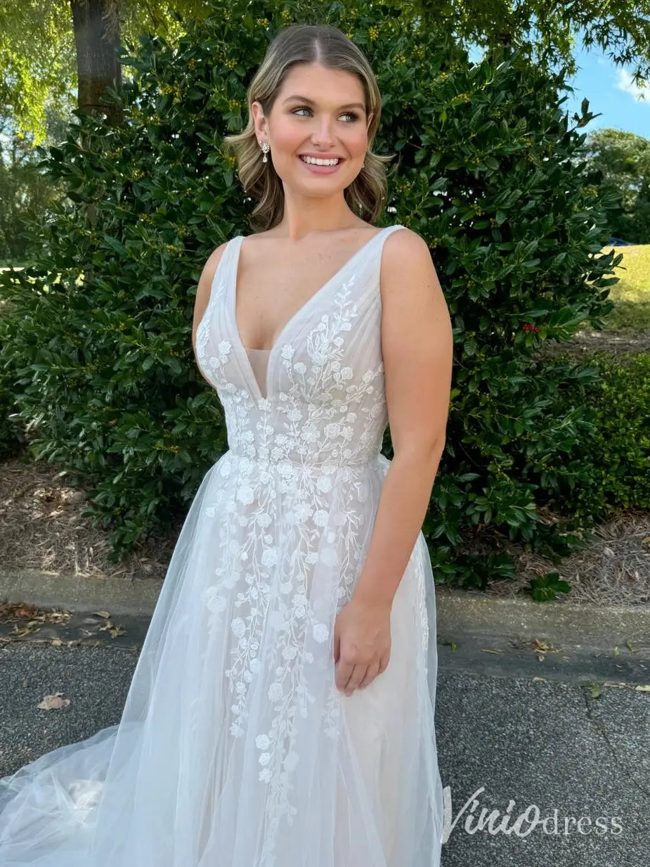Romantic Tulle A-Line Wedding Dress with Floral Lace, V-Neck, Tulle Bows – LA108-wedding dresses 2025 -Viniodress-Ivory-Custom Size-