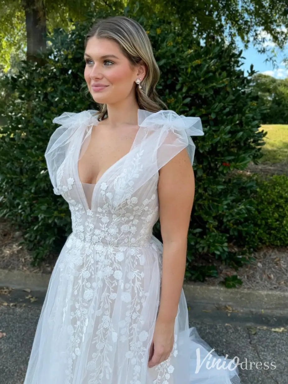 Romantic Tulle A-Line Wedding Dress with Floral Lace, V-Neck, Tulle Bows – LA108-wedding dresses 2025 -Viniodress-Ivory-Custom Size-