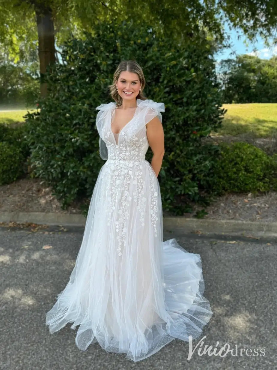 Romantic Tulle A-Line Wedding Dress with Floral Lace, V-Neck, Tulle Bows – LA108-wedding dresses 2025 -Viniodress-Ivory-Custom Size-