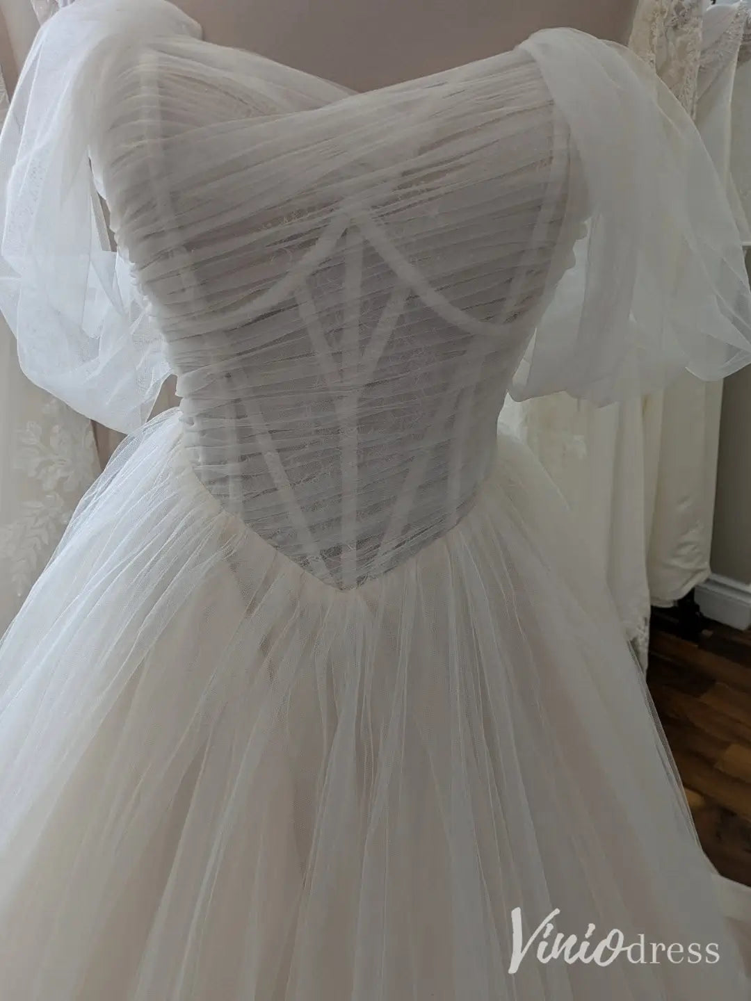 Romantic Tulle Ball Gown Wedding Dress with Sheer Corset Bodice and Basque Waist – MS109-wedding dresses 2025 -Viniodress-Ivory-Custom Size-