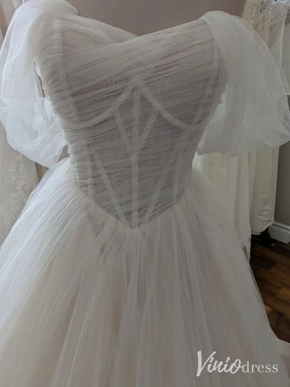 Romantic Tulle Ball Gown Wedding Dress with Sheer Corset Bodice and Basque Waist – MS109-wedding dresses 2025 -Viniodress-Ivory-Custom Size-