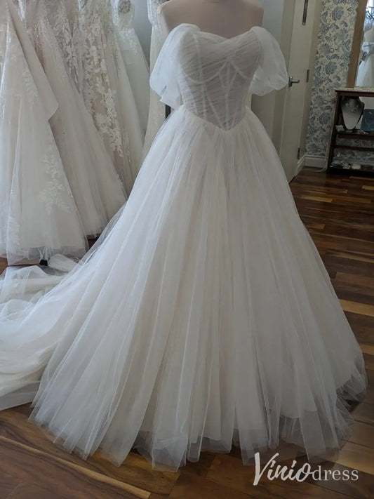 Romantic Tulle Ball Gown Wedding Dress with Sheer Corset Bodice and Basque Waist – MS109-wedding dresses 2025 -Viniodress-Ivory-Custom Size-