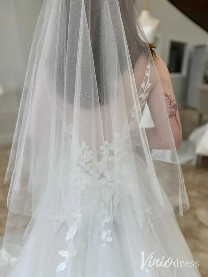 Romantic V-Neck Tulle Wedding Dress with Floral Appliques and V-Back – LA114-wedding dresses 2025 -Viniodress-Ivory-Custom Size-