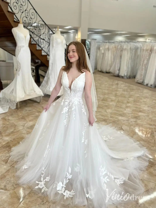 Romantic V-Neck Tulle Wedding Dress with Floral Appliques and V-Back – LA114-wedding dresses 2025 -Viniodress-Ivory-Custom Size-