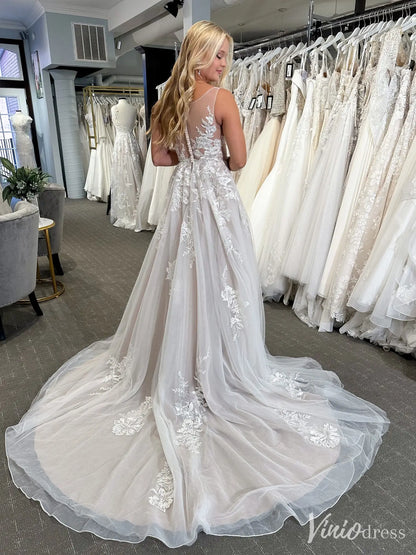 Romantic Wedding Dress with Sheer Bodice, Illusion Tulle Neckline, Chapel Train – VW2596-wedding dresses 2025 -Viniodress-Beige-Custom Size-