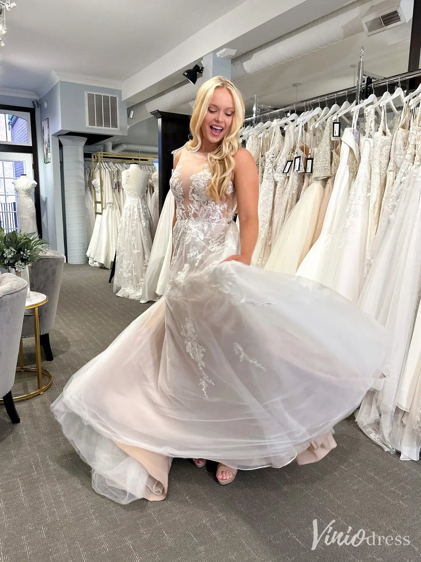 Romantic Wedding Dress with Sheer Bodice, Illusion Tulle Neckline, Chapel Train – VW2596-wedding dresses 2025 -Viniodress-Beige-Custom Size-