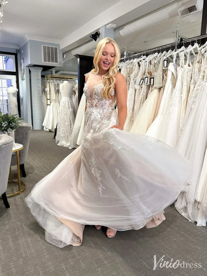 Romantic Wedding Dress with Sheer Bodice, Illusion Tulle Neckline, Chapel Train – VW2596-wedding dresses 2025 -Viniodress-Beige-Custom Size-