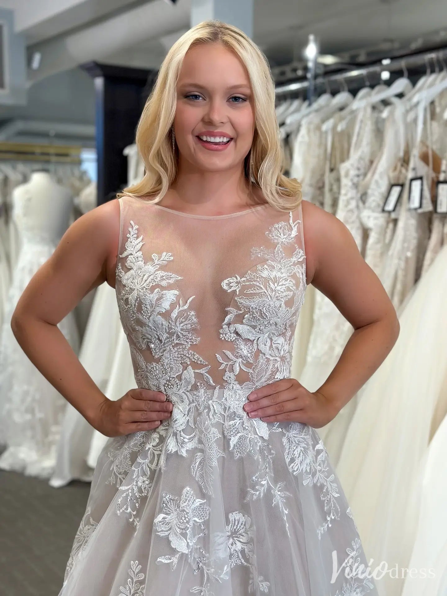 Romantic Wedding Dress with Sheer Bodice, Illusion Tulle Neckline, Chapel Train – VW2596-wedding dresses 2025 -Viniodress-Beige-Custom Size-