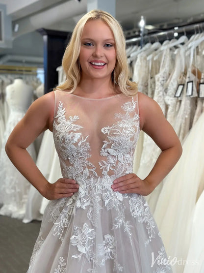 Romantic Wedding Dress with Sheer Bodice, Illusion Tulle Neckline, Chapel Train – VW2596-wedding dresses 2025 -Viniodress-Beige-Custom Size-