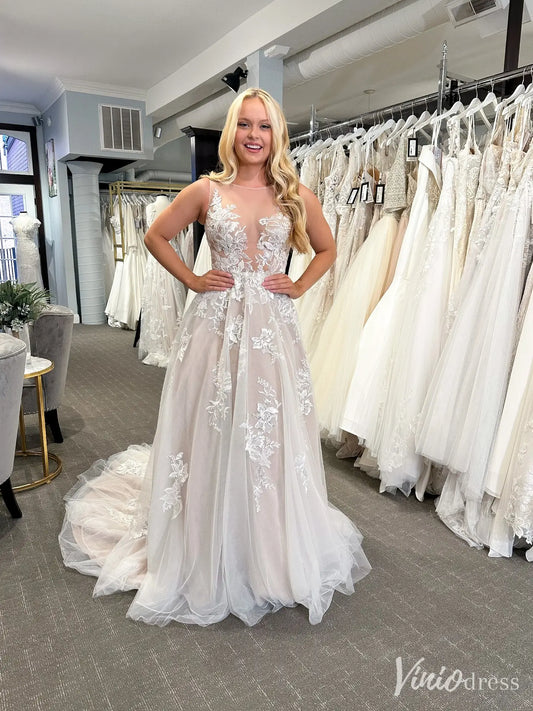 Romantic Wedding Dress with Sheer Bodice, Illusion Tulle Neckline, Chapel Train – VW2596-wedding dresses 2025 -Viniodress-Beige-Custom Size-