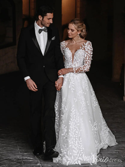 Romantic Wedding Dress with Sheer Long Sleeves, Lace Applique, Open Back – VW2598-wedding dresses 2025 -Viniodress-Ivory-Custom Size-