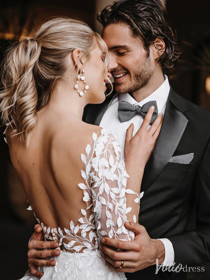 Romantic Wedding Dress with Sheer Long Sleeves, Lace Applique, Open Back – VW2598-wedding dresses 2025 -Viniodress-Ivory-Custom Size-