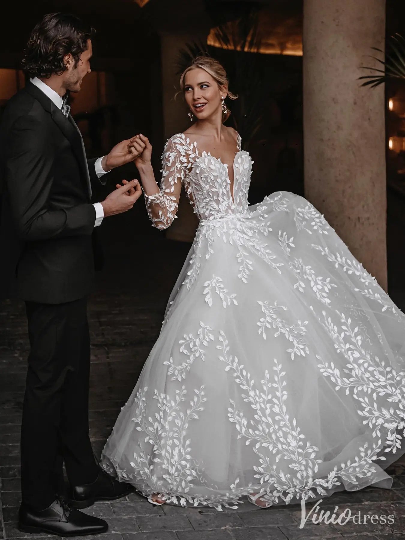 Romantic Wedding Dress with Sheer Long Sleeves, Lace Applique, Open Back – VW2598-wedding dresses 2025 -Viniodress-Ivory-Custom Size-