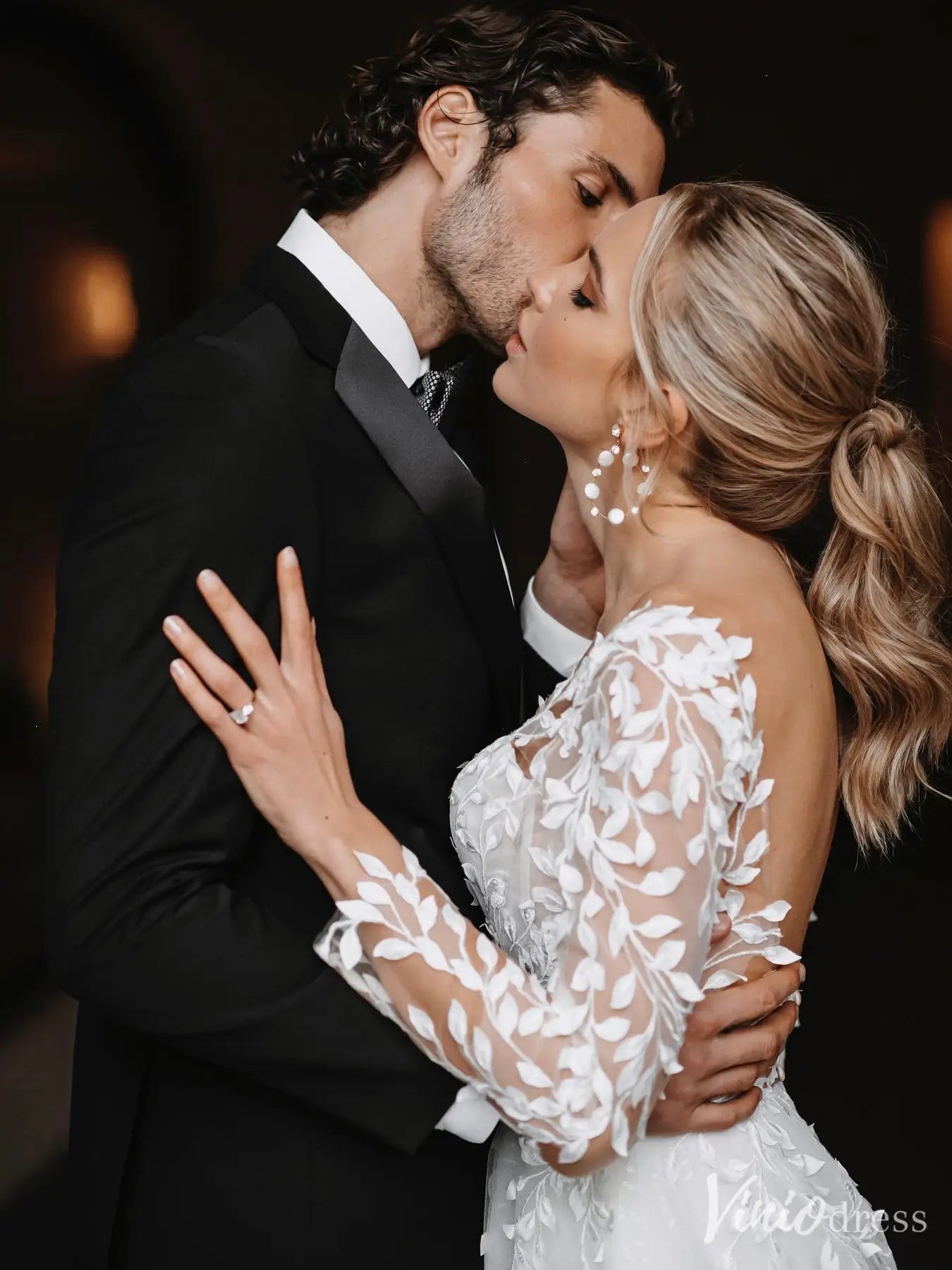 Romantic Wedding Dress with Sheer Long Sleeves, Lace Applique, Open Back – VW2598-wedding dresses 2025 -Viniodress-Ivory-Custom Size-