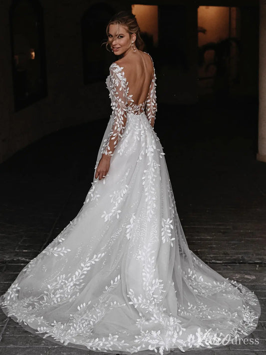 Romantic Wedding Dress with Sheer Long Sleeves, Lace Applique, Open Back – VW2598-wedding dresses 2025 -Viniodress-Ivory-Custom Size-