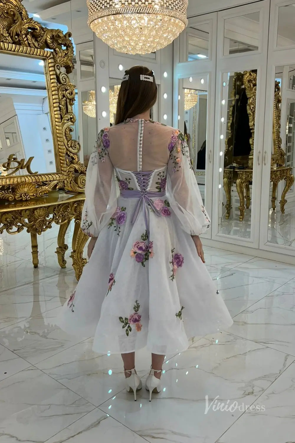 Romantic White Floral Embroidered Midi Wedding Dress with Illusion Neckline & Sheer Bishop Sleeves – FW244-wedding dresses 2025 -Viniodress-White-Custom Size-