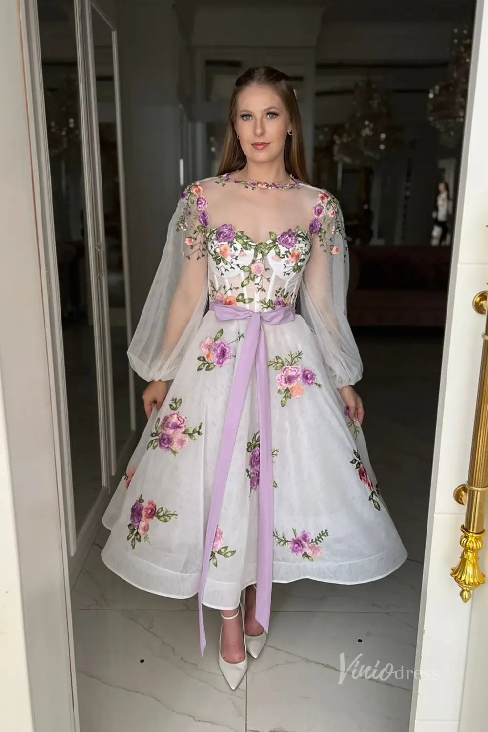 Romantic White Floral Embroidered Midi Wedding Dress with Illusion Neckline & Sheer Bishop Sleeves – FW244-wedding dresses 2025 -Viniodress-White-Custom Size-