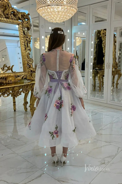 Romantic White Floral Embroidered Midi Wedding Dress with Illusion Neckline & Sheer Bishop Sleeves – FW244-wedding dresses 2025 -Viniodress-White-Custom Size-