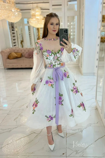 Romantic White Floral Embroidered Midi Wedding Dress with Illusion Neckline & Sheer Bishop Sleeves – FW244-wedding dresses 2025 -Viniodress-White-Custom Size-